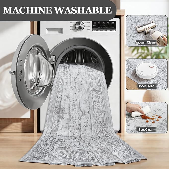 10x14 Area Rugs for Living Room:Washable Vintage Medallion Rug Non-Slip Soft Low Pile Gray Large Rugs Indoor Retro Carpet for Bedroom Kitchen Nursery Dining Table Office (Gray, 10'x14')