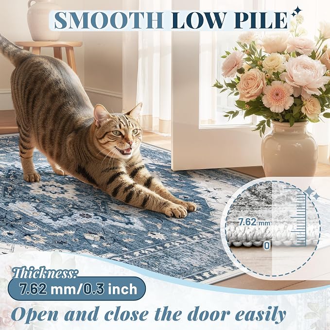 Area Rug 5x7 Vintage Rug: Washable Indoor Medallion Rugs Low Pile Distressed Floor Carpet Retro Accent Rug for Living Room Bedroom Kitchen Dining Table Home Office(Blue, 5'x7')