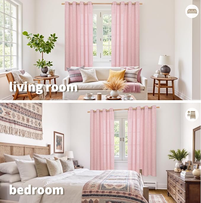 YoungsTex Light Pink Linen Curtains 63 Inch Length for Living Room Window, Light Filtering Drapes with Bronze Grommet Privacy for Bedroom Decorative, 52 x 63 Inch, 2 Panels