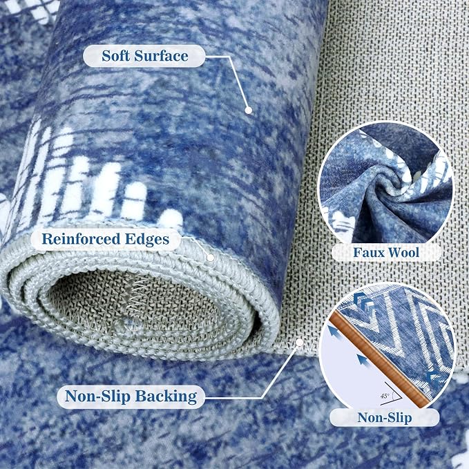 Boho Washable Rugs 5x7ft for Living Room, Low Pile Blue Bedroom Area Rug Non Slip, Moroccan Soft Kids Nursery Area Carpets for Dining Room Playroom Kitchen Home Office Decor