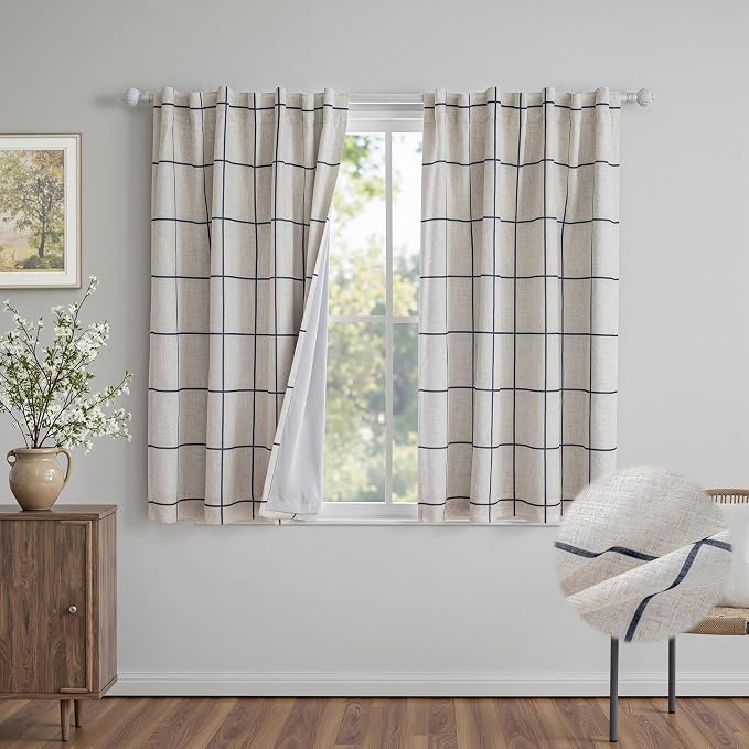 MYSKY HOME 100% Blackout Plaid Farmhouse Linen Curtains 54 Inch Long 2 Panels Set Double Layer Windowpane Drapes Thermal Insulated Privacy Protection Rod Pocket Back Tab, 52" W, Navy Blue