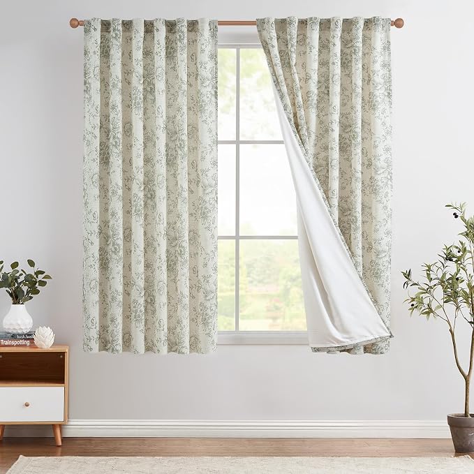 jinchan Green Floral Linen Curtains Lined 63 Inch Vintage Back Tab 2 Panels | Privacy lining, light filtering drapes, vintage, cottagecore, french country, rustic, bedroom, living room, window treatment