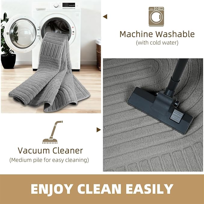 5x7 Gray Modern Geometric Area Rug for Living Room Bedroom, Washable | High-Low Pile Minimalist Textured Carpet, Ultra Soft, Fluffy Floor Rugs for Bedroom, Kids Room, Nursery, Home Décor, Grey