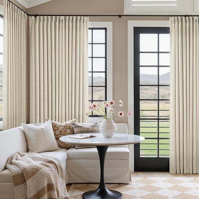 Extra Wide Pinch Pleat 100 x 102 Inch Linen Semi Sheer Curtains 1 Panel | Neutral Beige, for Living Room Patio Glass Sliding Door Dining Bedroom Large Window, Light Filter, Pinch Pleated W100xL102