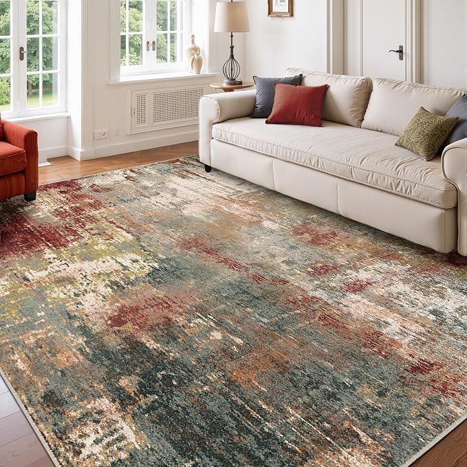 RELEANY Washable Area Rugs 8'x10' Non-Slip Modern Abstract Soft for Living Room Entryway Bedroom Kitchen, Print Pattern, Brown Rust Red Green Blue Multi