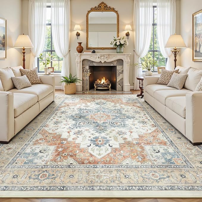 9x12 Rug for Living Room - Large Vintage Farmhouse Eclectic Medallion Carpet, Washable Low Pile Non-Slip Area Rug for Dining Under Table, Bedroom Under Bed,Office, Neutra Beige and Orange