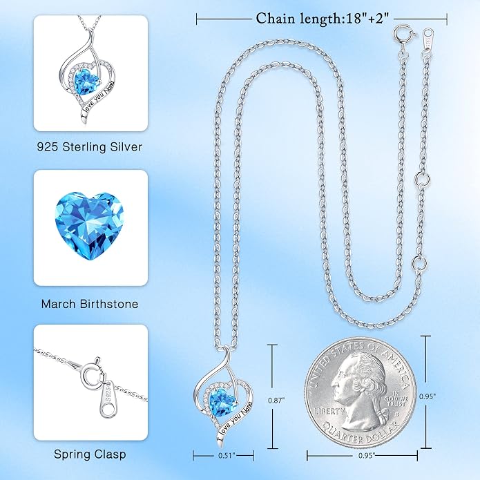 Nana Gifts Sterling Silver Heart Birthstone Necklaces, I Love You Nana Gifts for Mothers, Grandma