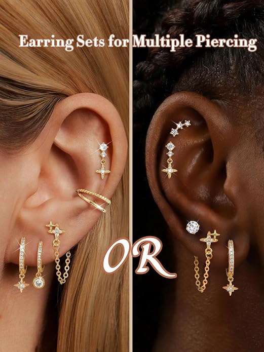 Dochais Flat Back Cartilage Earrings for Women Trendy Dainty CZ Flatback Studs Earing Sets 14k Gold Plated Hypoallergenic Huggie Hoops Earring Stacks for Multiple Piercing