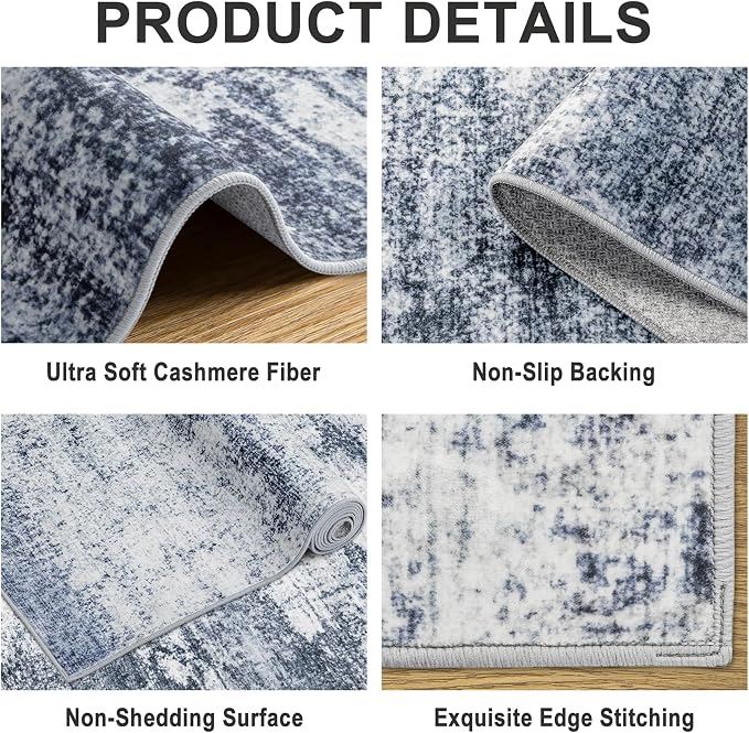 Area Rugs 10x12 Living Room - Washable Rug Modern Abstract Soft Large Neutral Non-Slip Carpet Indoor Floor Thin Carpets for Bedroom Dining Room Farmhouse Nursery Home Office Grey Blue
