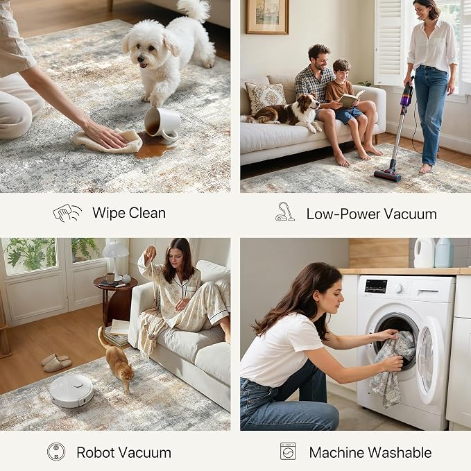 GENIMO Abstract Area Rug 5x7, Washable Modern Rug Non Slip, Low Pile Lightweight Soft Large Carpet for Living Room, Bedroom, Dining Room, Silver Tan