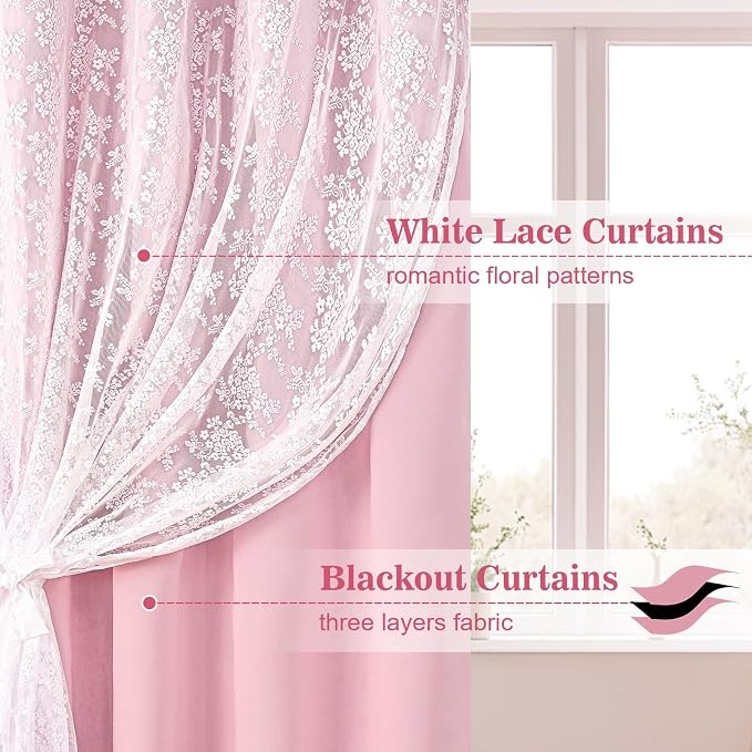 Yinhua Pink Blackout Curtains for Bedroom Double Layer Nursery Curtains for Living Room 54 Inch Length 2 Panels Set Kid Curtain with Floral Sheer Overlay, Grommet Drapes with Tiebacks, 52" W x 54" L
