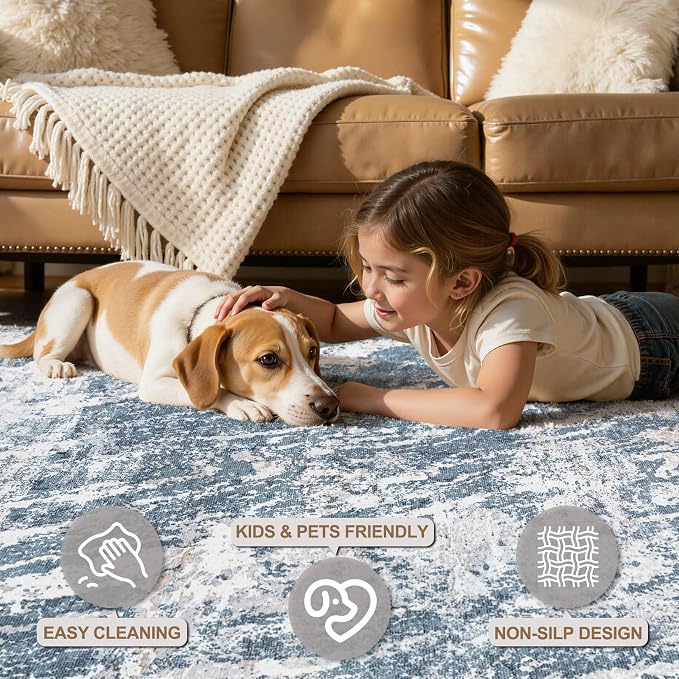 DMOYEST 6x9 Washable Area Rug: Abstract Modern Non-Slip Carpet, Soft Low Pile Indoor Neutral Easy Clean Floor Rugs for Living Room Bedroom Dining Room Kids & Pets - Blue