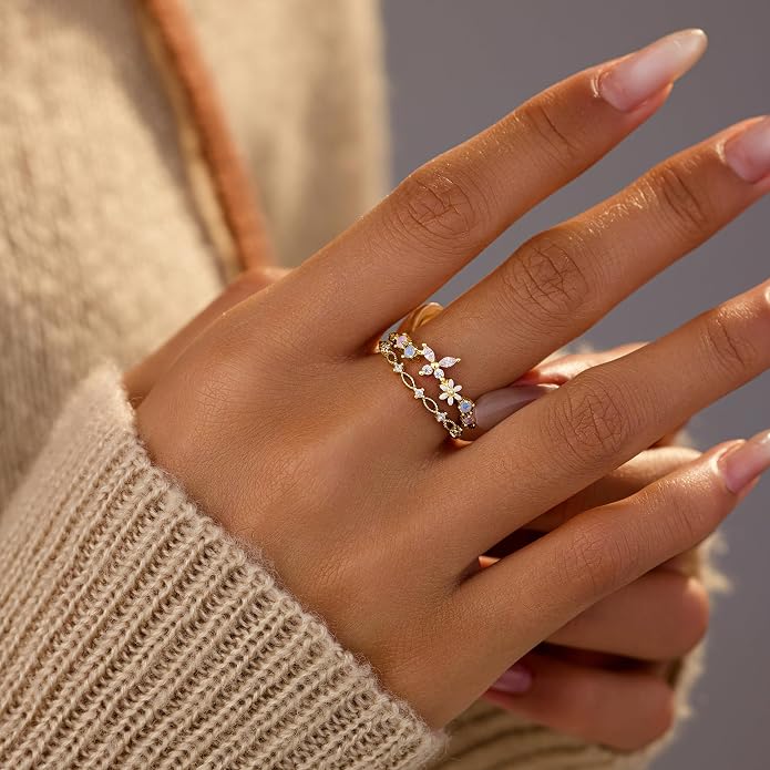 LOVECOM 925 Sterling Silver Butterfly Daisy Flower Rings for Women Mothers Self Love Ring for Myself Adjustable Gold Layered Colorful Opal Cubic Zirconia Stackable Ring Jewelry Gifts to Daughter