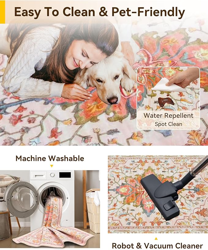 RELEANY Area Rugs Large 9'x12' Washable Non-Slip, Floral Vintage Distress Medallion Carpet for Living Room Bedroom Dining Room, Light Pink Colorful