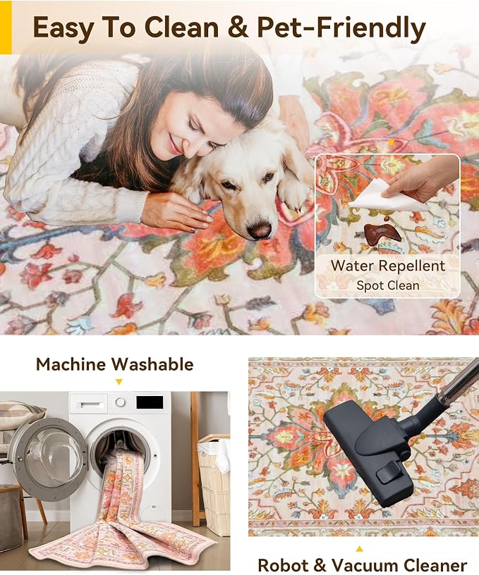 RELEANY Area Rugs Large 10'x12' Washable Non-Slip, Floral Vintage Distress Medallion Carpet for Living Room Bedroom Dining Room, Light Pink Colorful