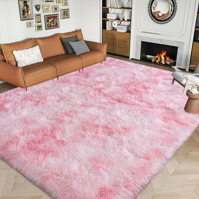 Dssimo Pink and White Rug for Living Room Bedroom,8x10 Soft Shaggy Area Rug | Upgrade Non-Slip Large Pink Fuzzy Rug for Girls Nursery Kids Room Dorm Room Home Decor, Indoor Plush Floor Carpet
