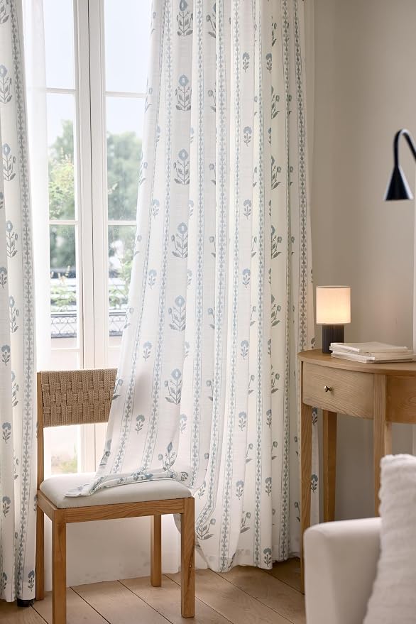 DrapePalette - Linen Blend Pinch Pleated Curtains 102 Inches Long for Living Room, Bedroom, Dining Room, Light Filtering Curtains 1 Panel Set, Modern Floral Printed Design, Antique White 52" W x 102"L
