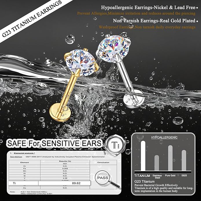 GEMQUEEN Moissanite Earrings G23 Titanium Extended Internal Thread Flat Back Earrings Hypoallergenic Tragus Cartilage Helix Conch Piercing Jewelry for Women Men 18G 6/8mm Post Gray/D Color 0.2-3CT