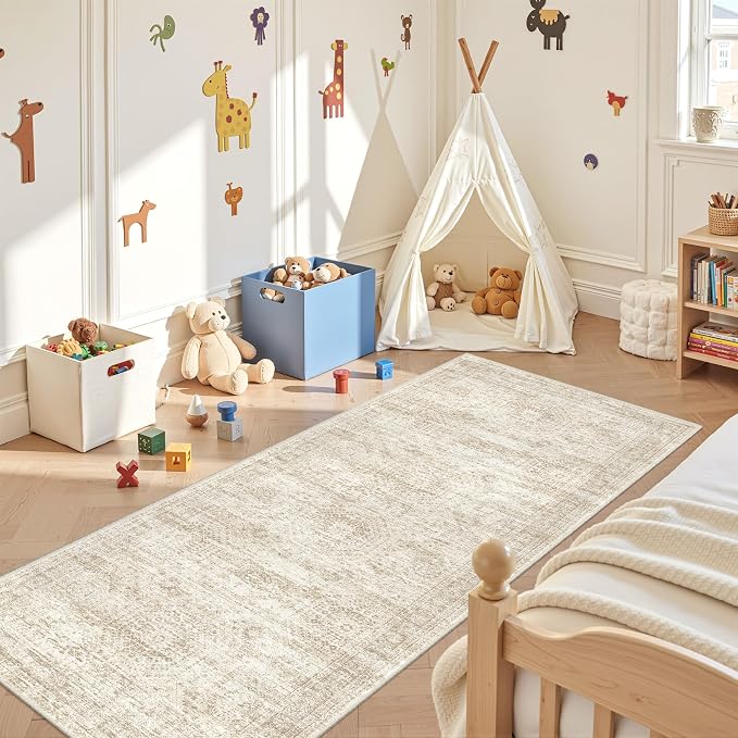 3x8 Runner Rug Non Slip,Washable Hallway Runner Rug,Beige | Neutral Rugs for Kitchen,Entryway,Bedroom,Bathroom,Nursery Room,Thin,Soft Runner Rug,Stain Resistant Indoor Carpet
