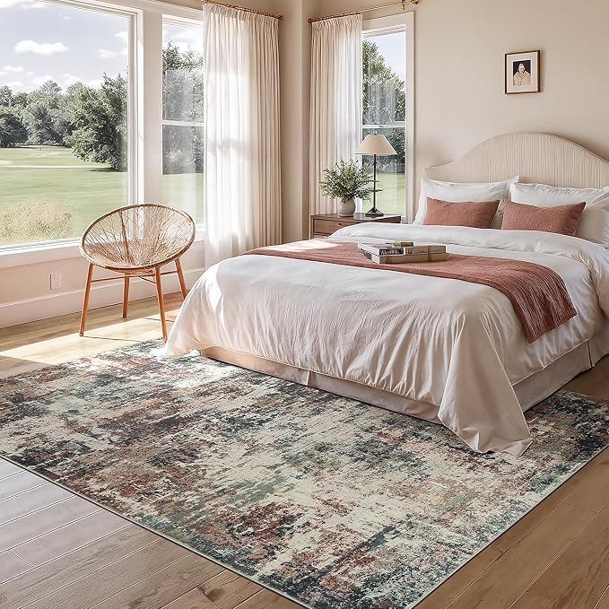 Rugflix 5x7 Area Rugs for Living Room, Washable Large Rug Stain-Resistant Low Pile, Modern Carpet for Dining Room Home Office Kid Room Nursery Bedroom, Rust Brown Green