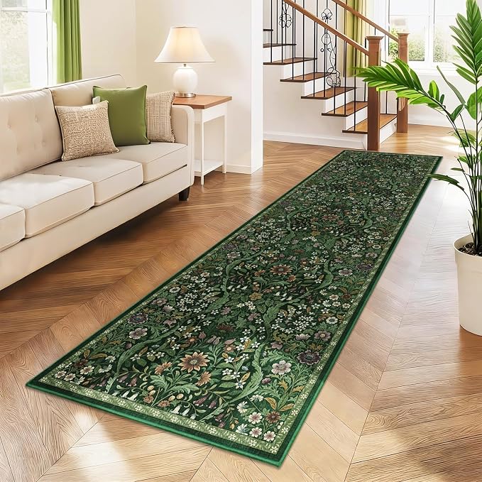 3×10 Washable Runner Rug,Dark Green Floral Kitchen Rugs for Hallway,Low-Pile Non-Slip Stain Resistant Carpet for Kitchen, Bedside,Laundry Room,Entryway