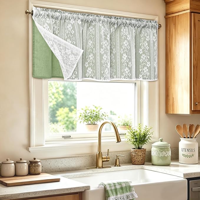 ASPMIZ Linen Valances for Windows Double Layer Valance Curtains with Lace Overlay, Sage Green Kitchen Curtains Light Filtering, Rod Pocket Window Valances for Living Room, Kitchen, Cafe, 52x18