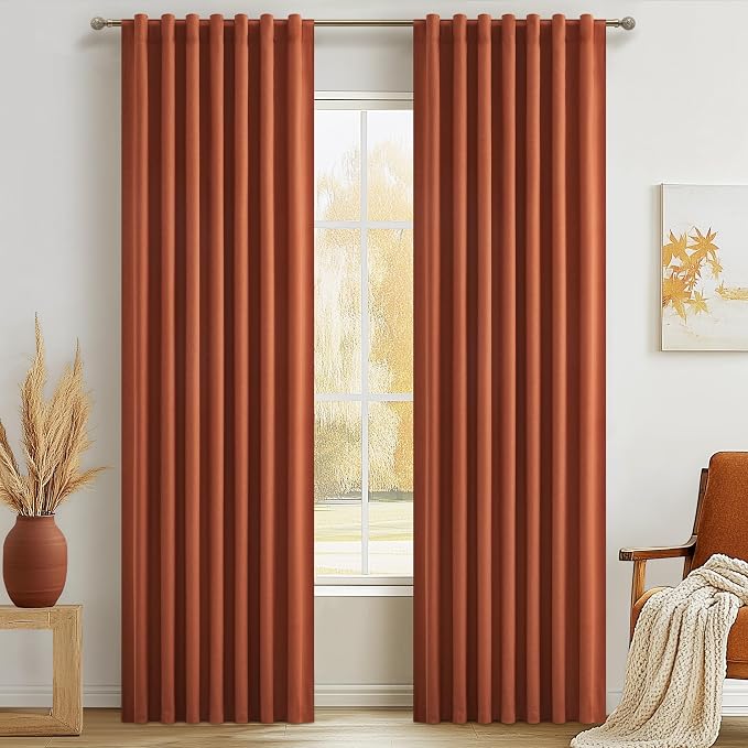 Fall Burnt Orange Curtains Blackout 84 Inches Long 2 Panels Set,Terracotta Autumn Color Decor Retro for Living Room/Bedroom Antique Copper Rust Boho 70s Window Pleated Linen Drapes Thermal (W50"xL84")
