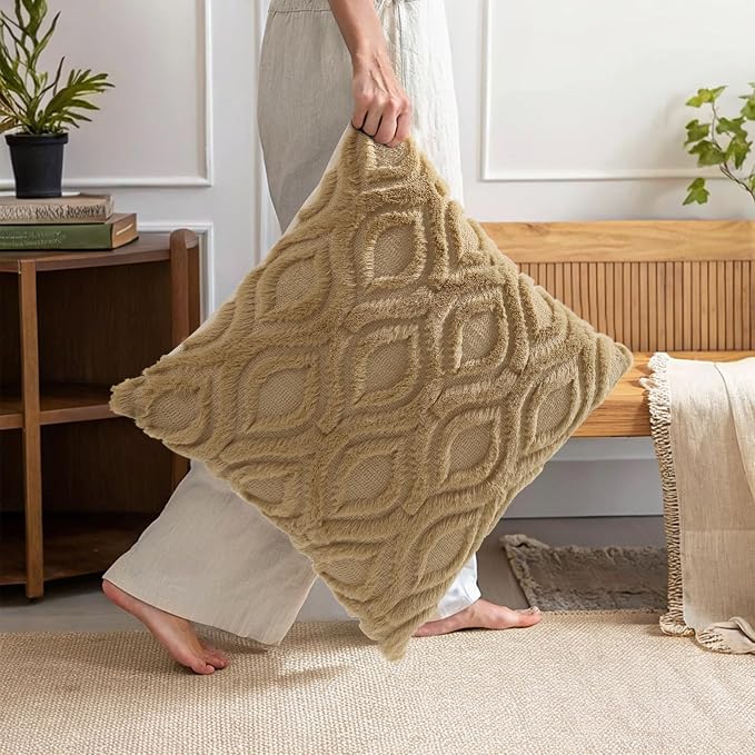 decorUhome Beige Yellow Faux Fur Soft Throw Pillow Covers 20x20 Set of 4 | Fall Neutral Decorative Plush Couch Pillow Covers, Accent Modern Farmhouse Neutral Pillow Cases for Sofa Bed Living Room