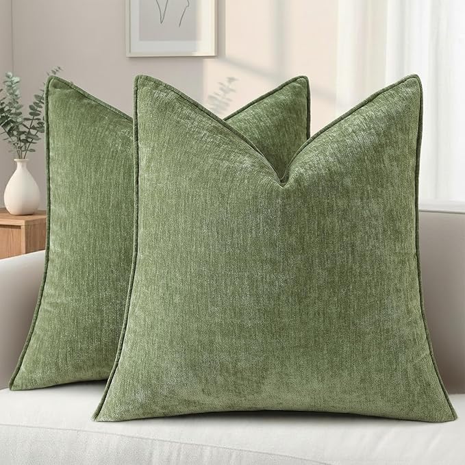 decorUhome Chenille Olive Green Velvet Throw Pillow Covers 20x20 Set of 2 | Fall Soft Couch Decorative Modern Farmhouse Pillow Cases with Elegant Design for Sofa Bed Living Room Home Decor