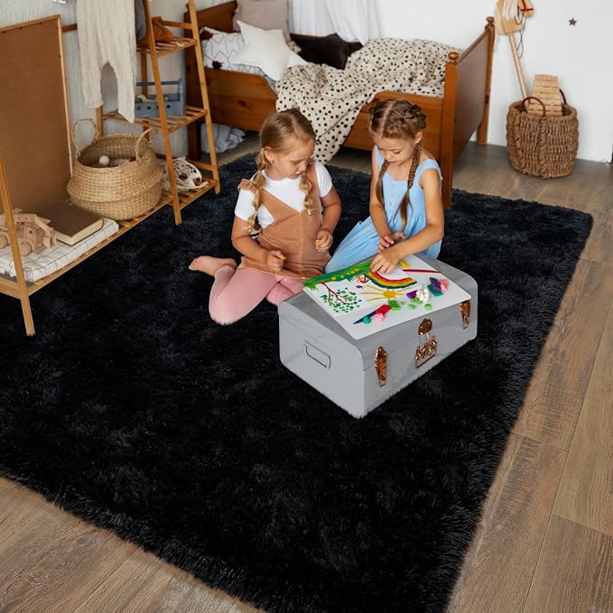 Dssimo Black Rug for Bedroom, 2x4 Small Area Rugs, | Soft Fluffy Shag Bedside Rug Non-Slip Carpet for Kids,Girls Boys and Teens Decorations for Living Room Dorm Nursery Classroom