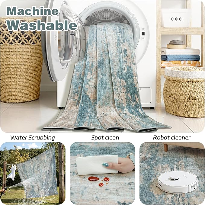 6x9 Area Rugs Living Room Rug Modern Abstract Neutral Washable Rugs Non Slip Soft Carpet Large Area Rug Low Pile Stain Resistant Non Shedding for Bedroom Nursery Dining Room Home Office Green