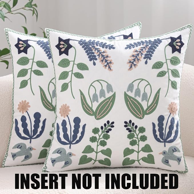 Embroidered Throw Pillow Covers 20x20 Pack of 2 Green and Navy Blue Leaves with Birds Pillow Covers Floral Tufted Pillowcases Summer Decorative Coastal Pillow Cushion Cases