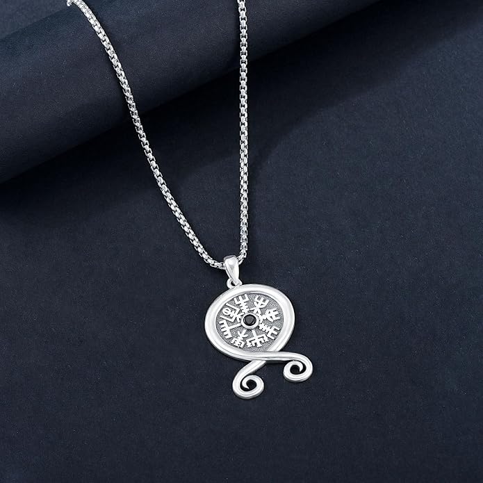 Viking Necklace for Men S925 Sterling Silver Odin/Troll Cross/Compass/Raven/Valknut/Axe Rune Amulet Necklace Norse Jewelry for Christmas Birthday
