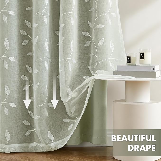 MIULEE Double Layer Curtains 84 Inches Long, White Leaf Patterned Sheer Floral Drapes and Sage Green Blackout Room Darkening Curtains for Living Room Bedroom, Grommets Top, 52" W x 84" L, 2 Panels