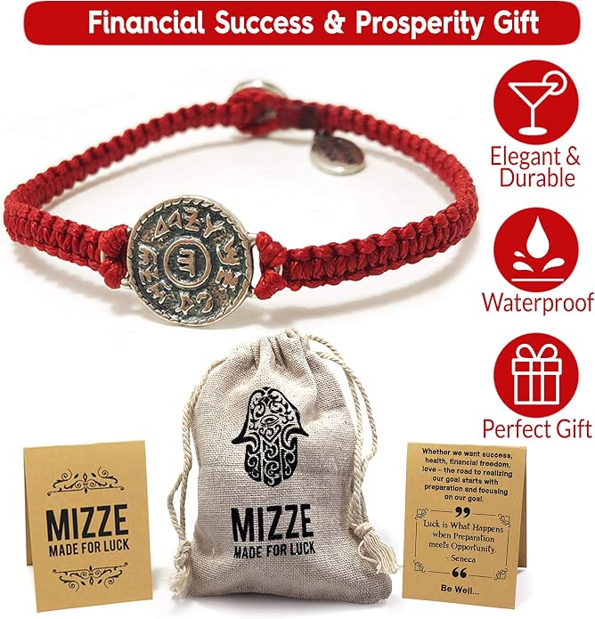 Red String Macrame Prosperity Financial Success & Evil Eye Protection Bracelet with Silver Coin Charm - Gift for new job, long distance relationship gift, new business gift