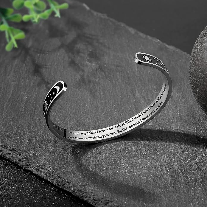 TONY & SANDY Inspirational Bracelets for Women Teen Girls Personalized Gifts for Daughter Granddaughter Mom Sister Friends Stainless Steel Engraved Cuff Birthday Easter Christmas