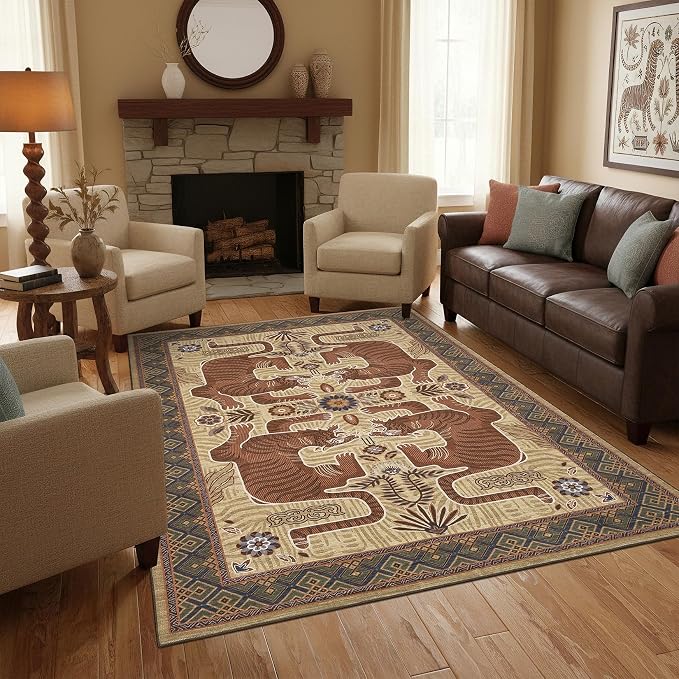 GarveeHome 4x6 Tiger Washable Area Rug for Kids Room, Boho Camel Bedroom Rug Non Slip Low Pile Vintage Tribal Carpet Stain Resistant Throw Rug for Dorm Nursery Room Playroom Office Dining Room
