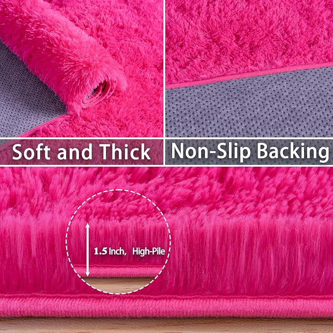 Dssimo Hot Pink Rugs for Living Room Bedroom, 6x9 Shaggy Area Rug | Large Plush Furry Upgrade Non-Slip Pink Area Rug for Nursery Kids Room Dorm Room Home Decor, Modern Indoor Floor Carpet