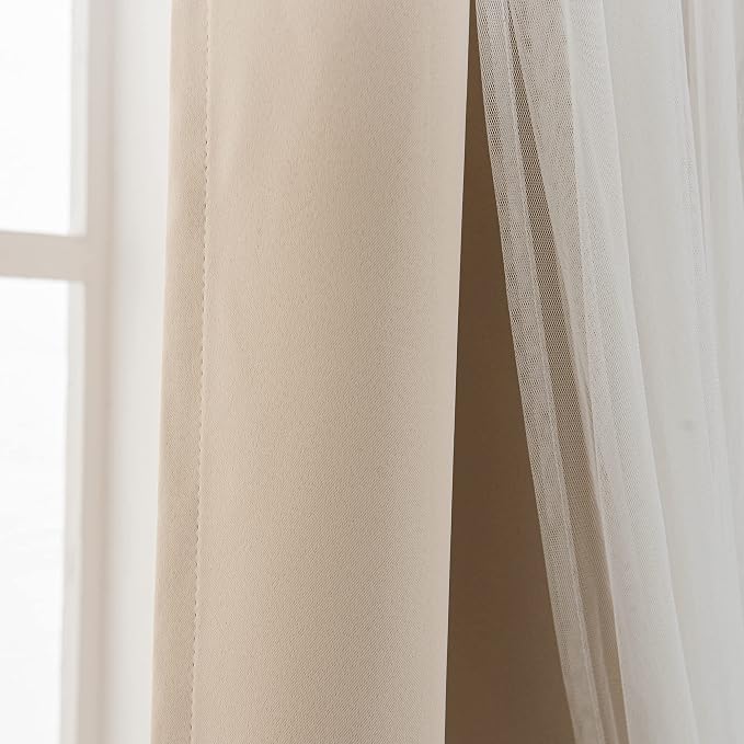 INLINAS Beige Blackout Curtains with Sheer Overlay - Grommet Top Thermal and Noise Reduction Panels for Bedroom and Living Room Light Blocking and Energy Saving, 37 x 63 Inches, Set of 2