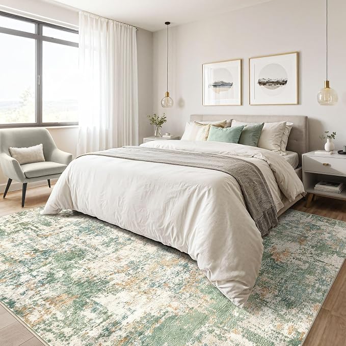 10x13 Area Rug Living Room: Washable Large Abstract Soft Green Rug Stain Resistant Indoor Floor Non-Slip Accent Carpet for Men Modern Home Enthusiasts Aged 25-45 - Bedroom Office Playroom