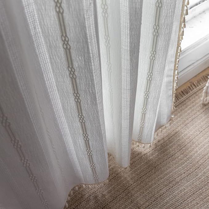 Boho Curtains for Bedroom Embroidery Striped Farmhouse Curtains 63 Inch Length 2 Pannels for Living Room Off White Linen Semi Sheer Rod Pocket Drapes(52" W x 63" L,White)