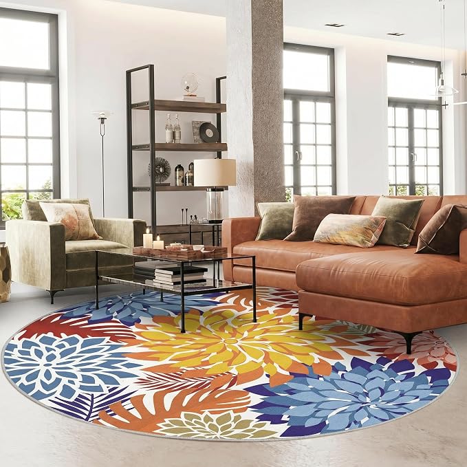Colorful 6FT Outdoor Round Area Rug Washable Rugs Multicolored Patio Rug Tropical Botanical Floral Chenille Waterproof Outdoor Carpet for RV, Pool Deck, Backyard, Porch, Vivid Dahlia