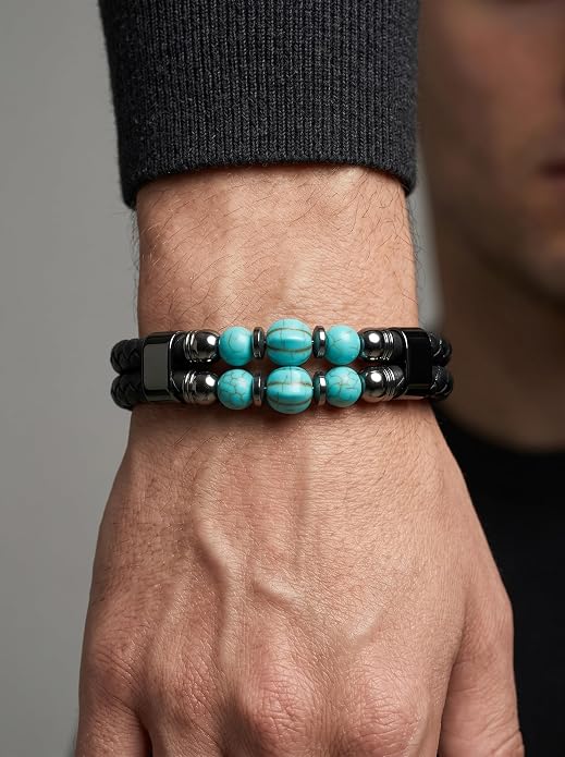 Black Braided Leather Bracelet for Men with Turquoise, Lapis Lazuli, Tiger Eye, Obsidian Stone Double-Row Wristband Beads with Stainless Steel Clasp Fashion Jewelry Gift for Him