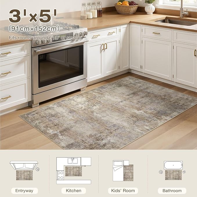 Neutral Washable Area Rug 3x5, Abstract Small Rugs for Entryway | Modern Non Slip Carpet, Stain Resistant Joint-Friendly, Rug for Bedroom, Kitchen, Living Room, Indoor Front Door - Dark Brown