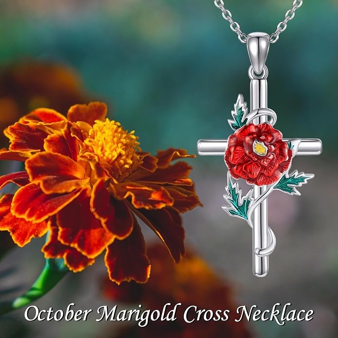 Flower Cross Necklace 925 Sterling Silver Carnation/Rose/Lily/Daisy Cross Necklace Birth Flower Jewelry for Women