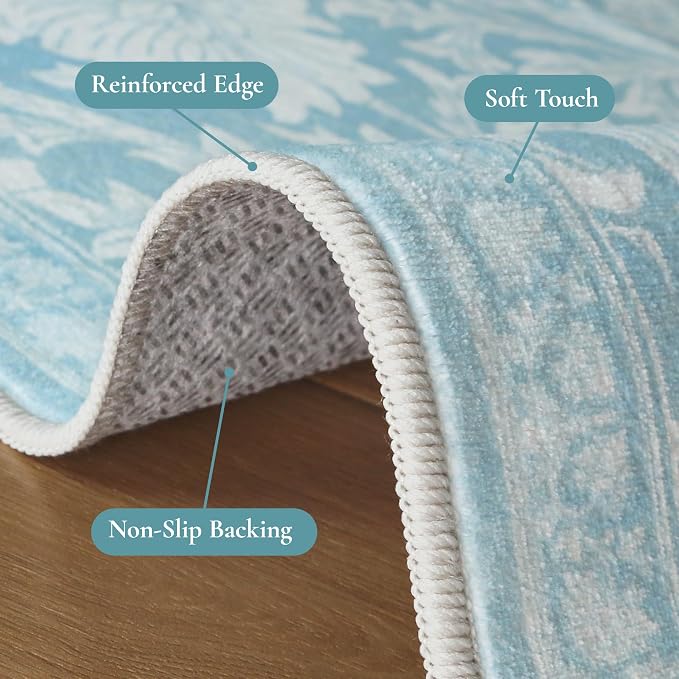 Clearance Area Rug 5x7 Washable Rugs for Bedroom, Vintage Floral Rug with Non Slip Backing, Low Pile Carpet for Living Room, Dinning Room, Light Blue