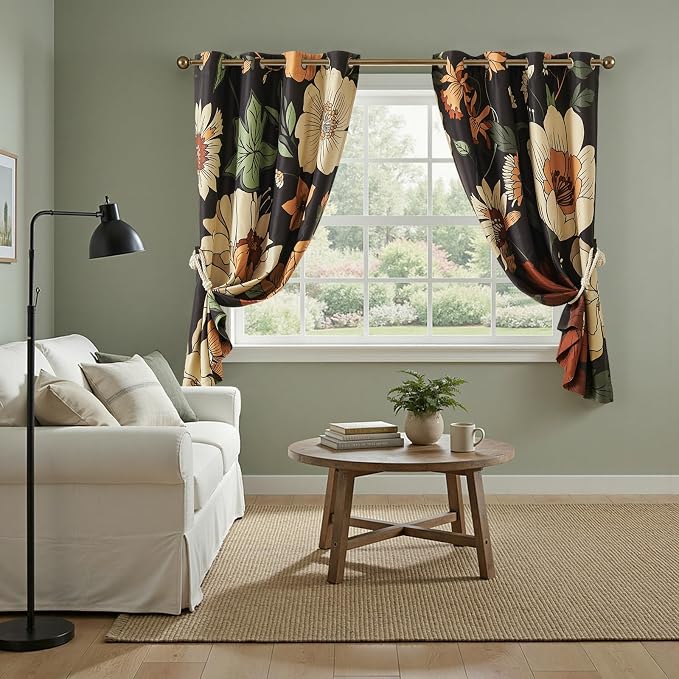 jinchan Black Boho Floral Blackout Curtains 63 Inch Grommet 2 Panels | Room darkening, Vintage, living room, bedroom, privacy, floral print, flower pattern, fall decor, window treatments