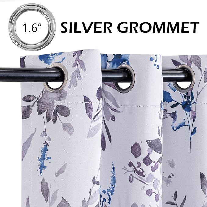MYSKY HOME Living Room Curtains 95 Inch Long Floral Blackout Curtains Bedroom Thermal Insulated Blue Floral Curtains for Dining Room Vintage Flower Leaf Window Drapes Grommet, 2 Panels, Blue and Grey