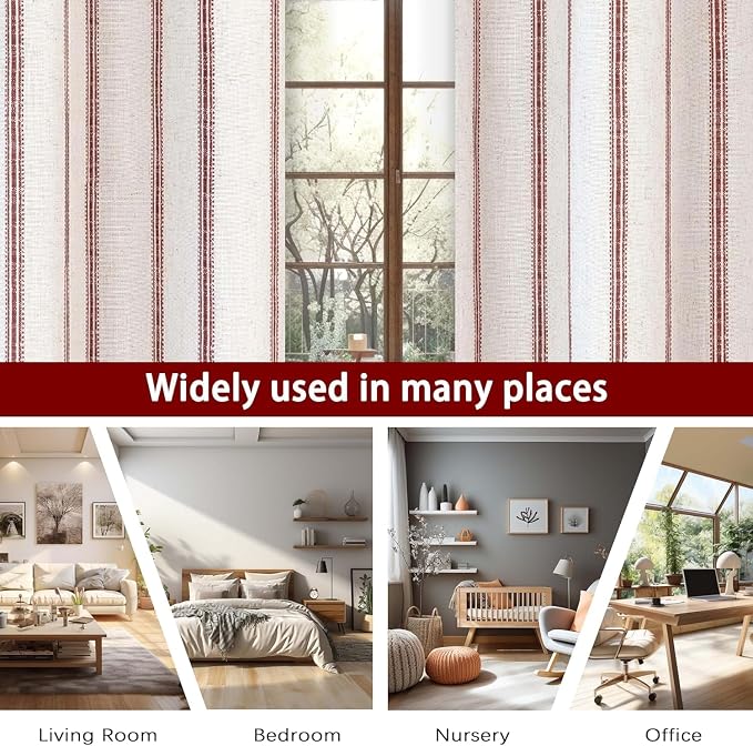 DriftAway Farmhouse Linen Stripe Blackout Curtains, W52xL108, Red | Blackout, Linen Texture, Stripe Pattern, Rod Pocket & Back Tab, Two Layers, Bedroom Living Room Use, Sound Reducing Design