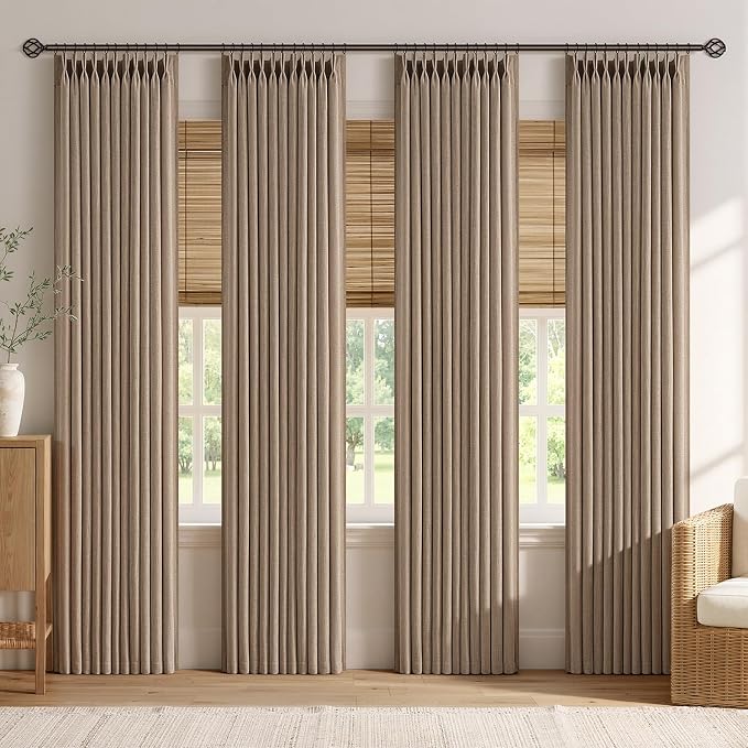 MIULEE 4 Panels Set Pinch Pleated Linen Curtains 108 Inches Length for Living Room Bedroom, Extra Long Pinch Pleat Drapes Back Tab Light Filtering Linen Brown Foor to Ceiling Curtains with Hooks